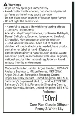 Habitat 150ml Scented Diffuser - Peony & White Lily -Home Furnishings Store 4845096 R Z011A