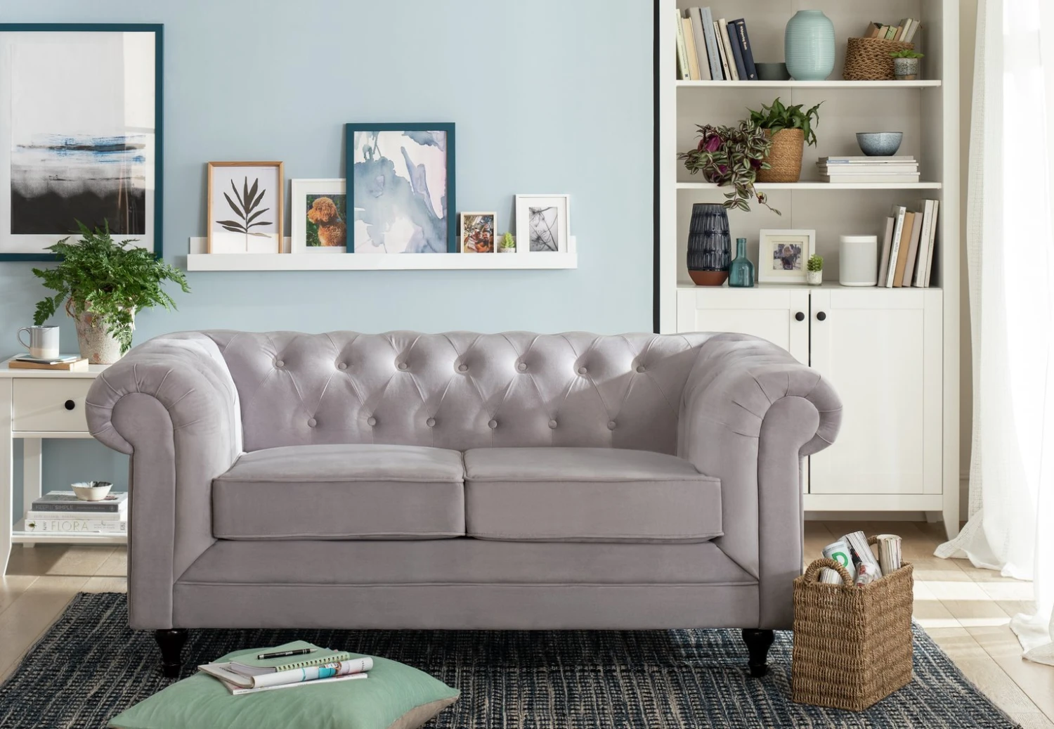 Habitat Chesterfield Fabric 2 Seater Sofa - Light Grey 4 Habitat Chesterfield Fabric 2 Seater Sofa - Light Grey - Image 2